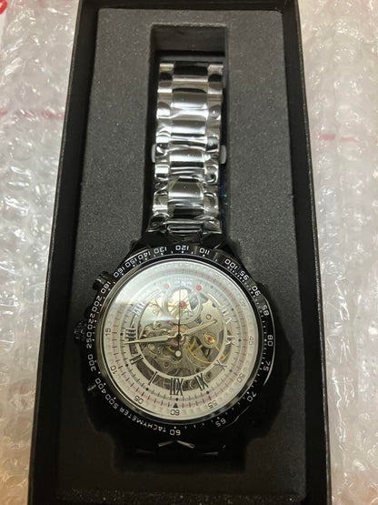 Black Silver Skeleton Winding Watch Classic Stainless Steel